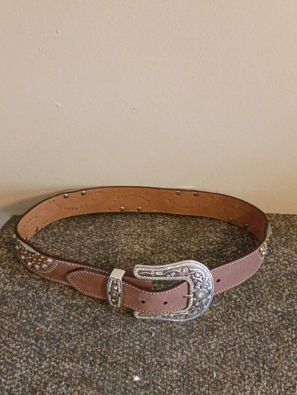 Tony Lama Brown Studded Western Leather Belt with Decorative Silver Buckle